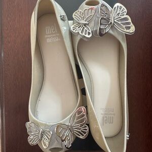 Melissa Cream and Silver Flats with Butterfly Detail